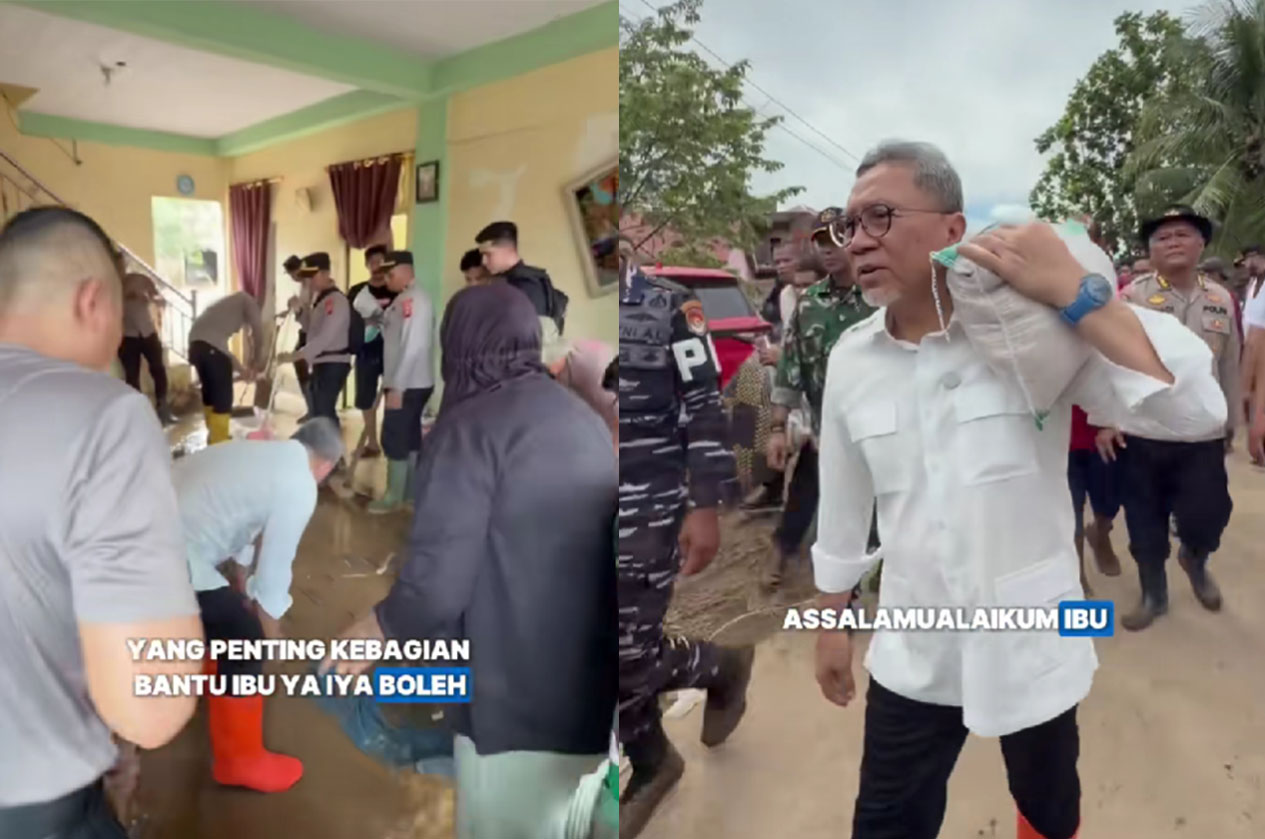 Menteri Koordinator Bidang Pangan Zulkifli Hasan (Zulhas) saat mengunjugi korban bencana alam banjir bandang dan tanah longsor di Padang Sumatera Barat (Sumbar),