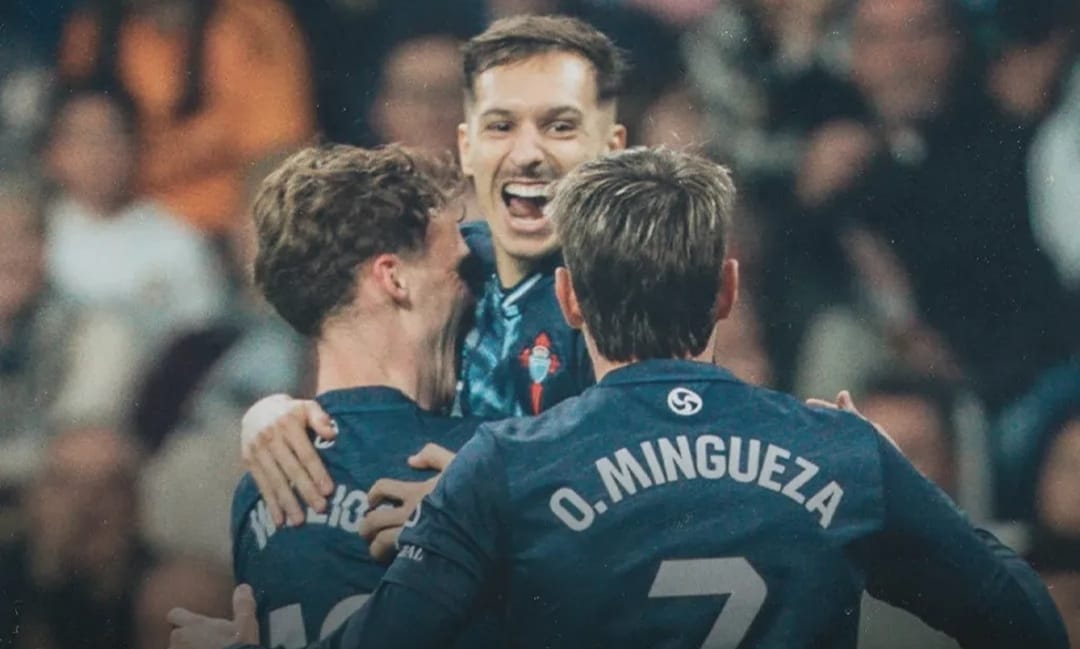 Selebrasi pemain Celta Vigo dalam kemenangan 0-2 atas Real Madrid di Bernabeu