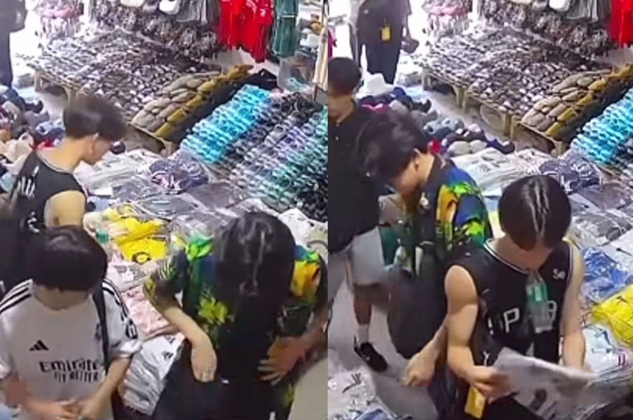 Aksi pencurian pakaian di  toko Pakaian, Ubud, Gianyar, Bali oleh empat turis dari Jepang yang terecam kamera CCTV.