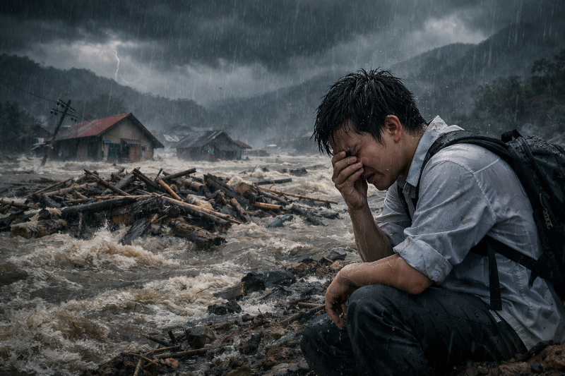 Ilustrasi mahasiswa terdampak banjir, rumahnya hanyut, keluarganya mengungsi.