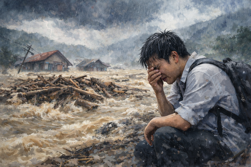 Ilustrasi bencana alam, seorang mahasiswa menangis meratapi bencana banjir yang melenyapkan kampungnya.