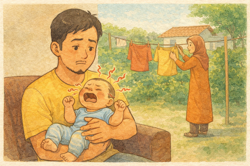 Ilustrasi ayah menenangkan bayinya, semenatara ibu menjemur baju.