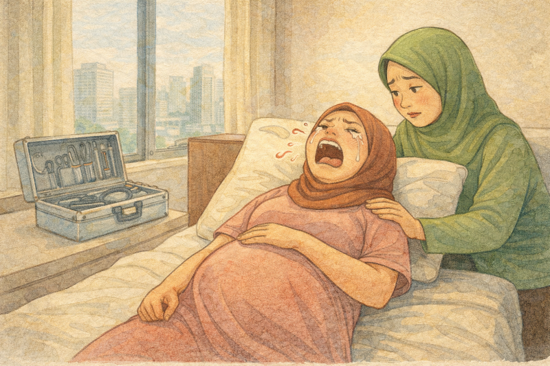 Ilustrasi ibu hamil menangis kesakitan atas kehamilanannya.