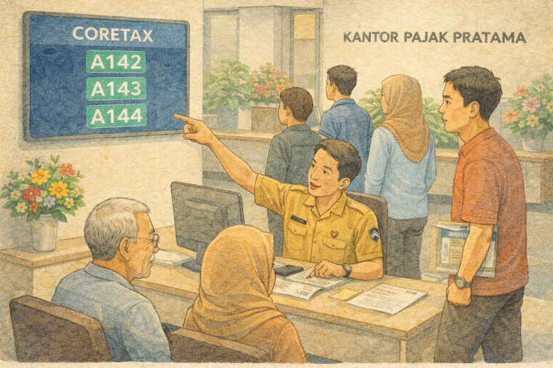 Ilustrasi orang sedang antre memperbaharui data yang terhubung dengan CORETAX di Kantor Pelayanan Pajak.