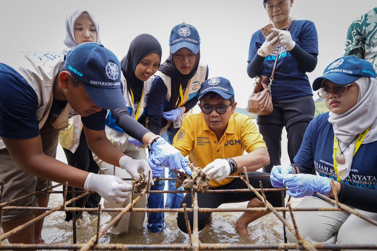 Mahasiswa KKN PPM UGM bersama Wakil Rektor UGM Arie Sujito melakukan penanaman 540 bibit terumbu karang di Nagari Mandeh, Pesisir Selatan, Sumatera Barat