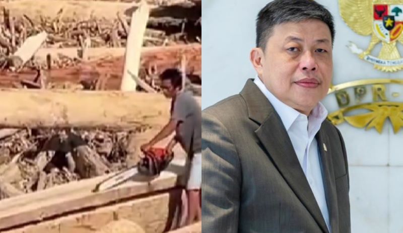 Kondisi warga memanfaatkan kayu gelondongan yang terbawa arus banjir untuk pembangunan dan perbaikan fasilitas, Alex Indra berikan peringatan.&nbsp;