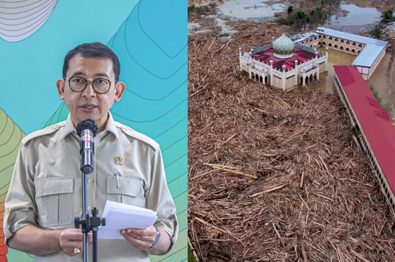 Menteri Kebudayaan Fadli Zon dan bangunan Masjid Pesantren Darul Mukhlisin di Desa Tanjung Karang, Kecamatan Karang Baru, Kabupaten Aceh Tamiang yang dikepung gelondongan kayu akibat banjir bandang.