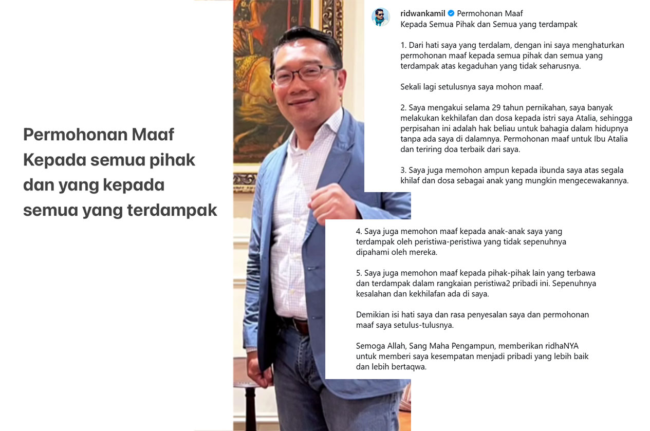 Ridwan Kamil dan pernyataan permintaan maafnya usai isu perceraian dengan Atalia Praratya gentar.