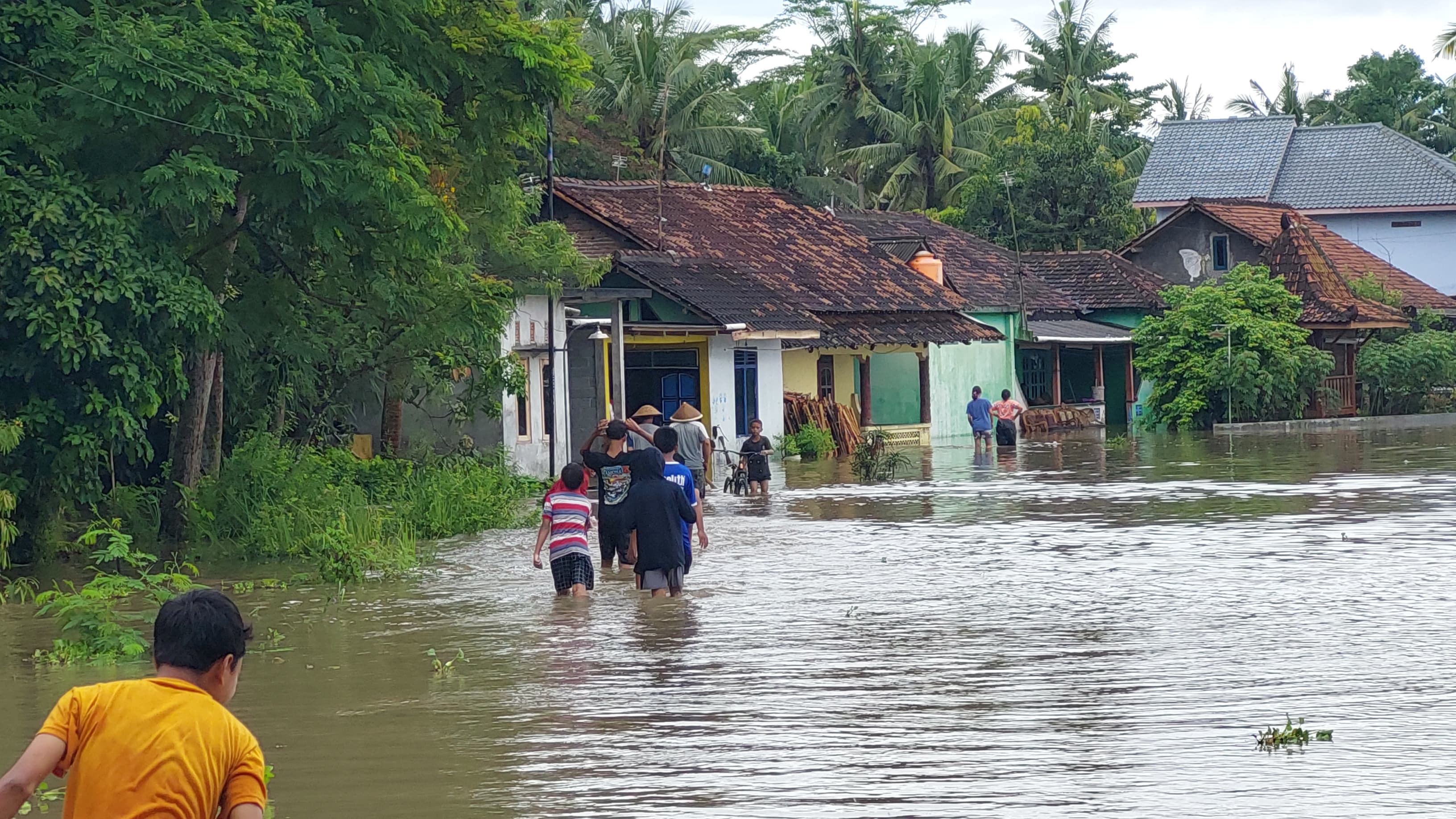 TERENDAM: Warga mencoba keluar dari area pemukiman yang banjir.   Pemukiman di Tawangsari Tergenang Selutut, Barang Elektronik Aman tapi Ternak Hanyut