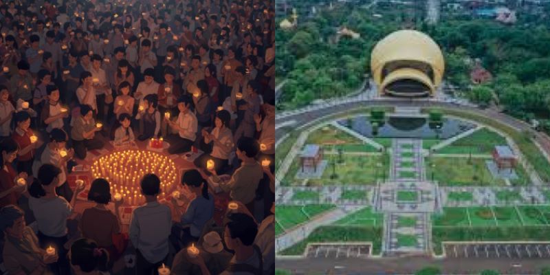 Salah satu bangunan pada TMII, Gedung Keong Mas serta ilustrasi warga yang berkunjung saat melakukan penyalaan 1000 lilin juga doa.