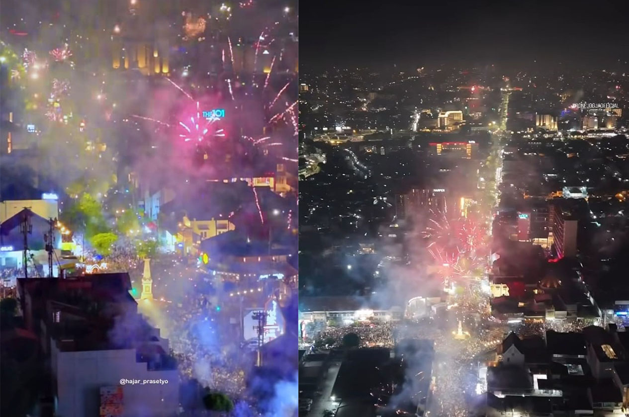 Suasana malam pergantian tahun 2026 di Tugu Jogja.