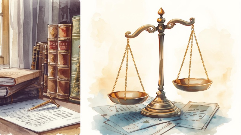Ilustrasi hukum: Buku perundang-undangan dan timbangan keadilan sebagai simbol penegakan hukum.
