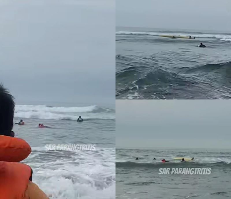 Proses evakuasi penyelamatan nelayan beserta kapalnya yang terbalik di Pantai Parngtritis.
