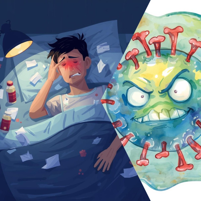 Ilustrasi orang yang sedang terbaring sakit terkena flu akibat virus.