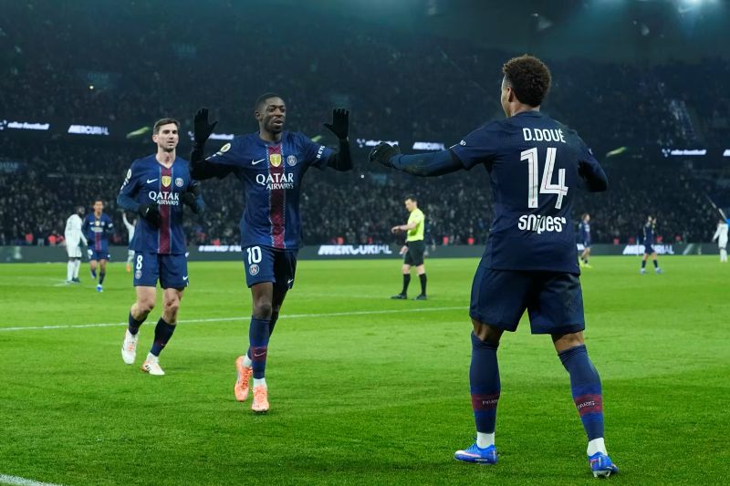 Selebrasi Ousmane Dembele dalam kemenangan PSG atas Paris FC di Ligue 1