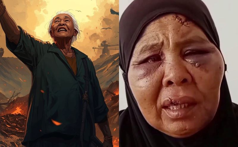 Ilustrasi wanita lanjut usia yang sedang menolak adanya pertambangan serta foto asli dari Nenek Saudah, korban pengeroyokan.