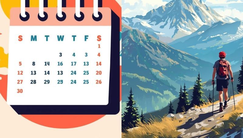Ilustrasi kalender dan ilustrasi orang tengah hiking sebagai salah satu bentuk mengisi waktu libur.
