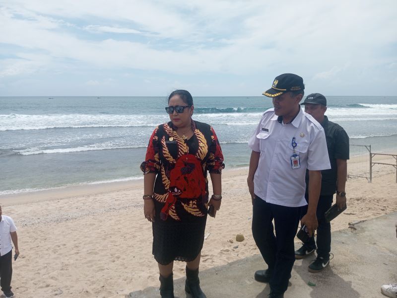 TURUN LAPANGAN: Bupati Gunungkidul Endah Subekti Kuntariningsih saat mengecek penataan Pantai Sepanjang Rabu (7/1).