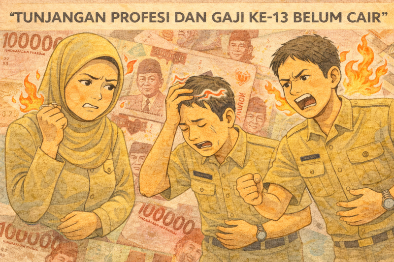 Ilustrasi guru pusing dan geram, tunjungan profesi, tunjangan hari raya gaji ke-13 belum cair meski sudah berganti tahun.
