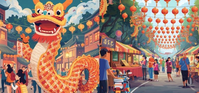 Ilustrasi perayaan Imlek yang dihiasi dengan ornamen khas tionghoa dan berwarna merah.