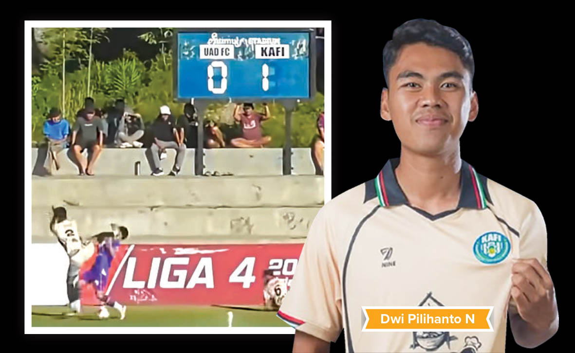 TENDANGAN KUNGFU: Pemain KAFI Jogja FC nomor punggung 2 atas nama Dwi Pilihanto Nugroho.
