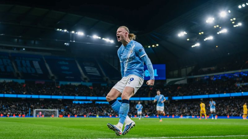Selebrasi Erling Haaland saat mencetak gol bagi Manchester City dalam hasil imbang atas Brighton