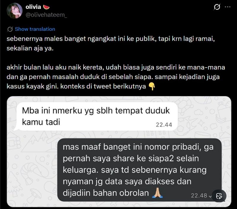 Postingan @olivehateem_ terkait dugaan kebocoran data pribadi penumpang KAI.