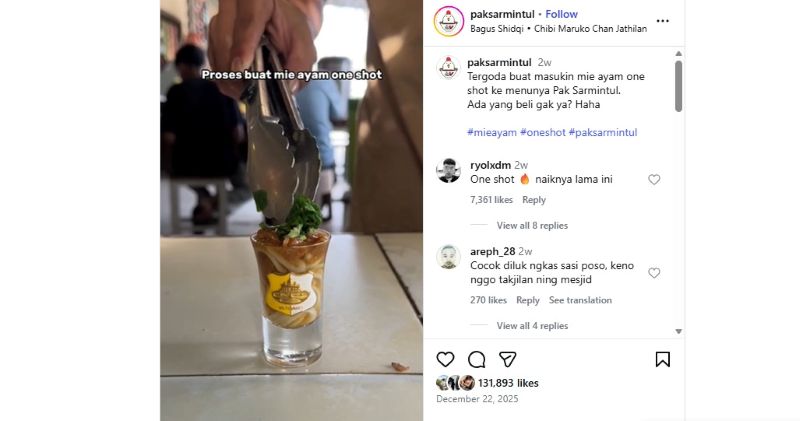 Penyajian mie ayam one shot.