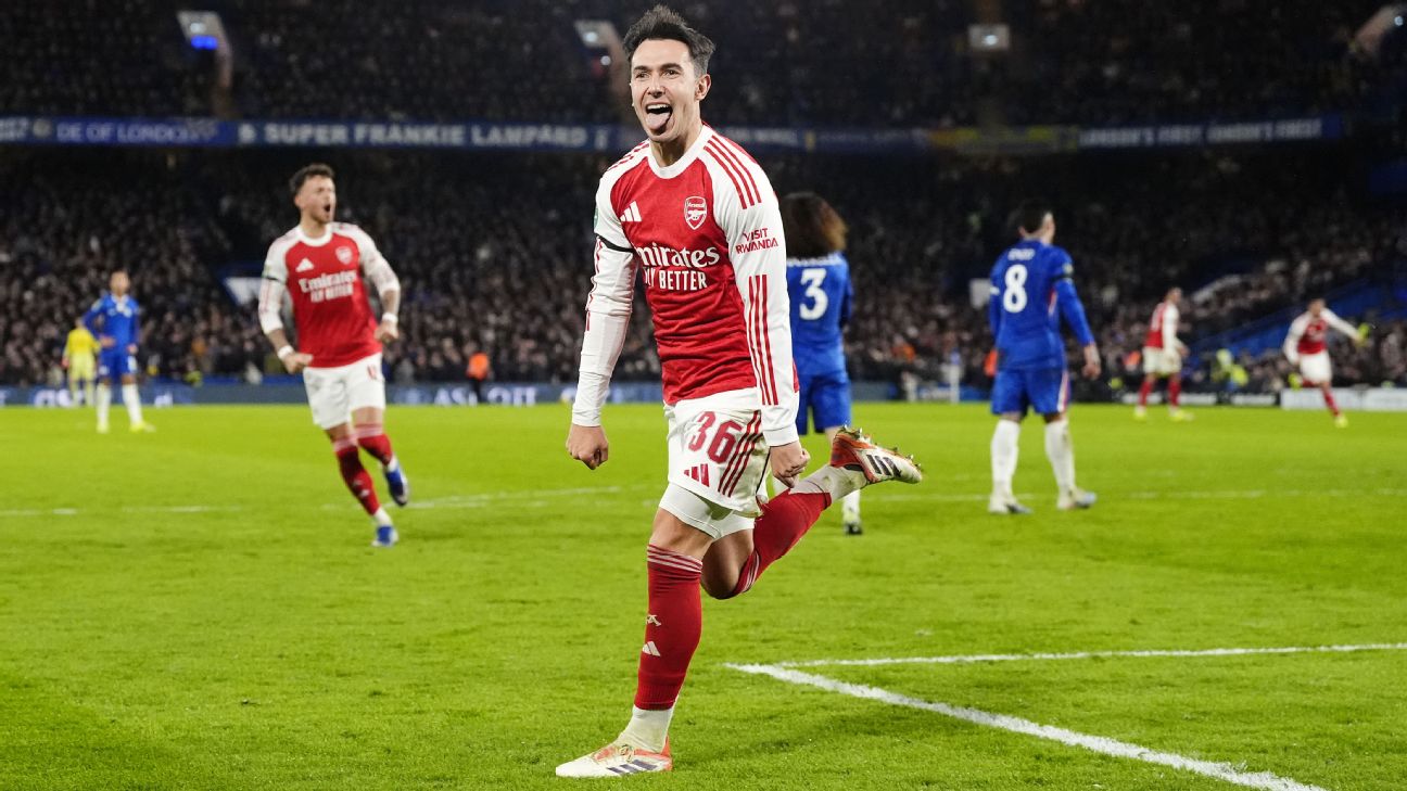 Selebrasi Martin Zubimendi dalam kemenangan Arsenal atas Chelsea di Carabao Cup