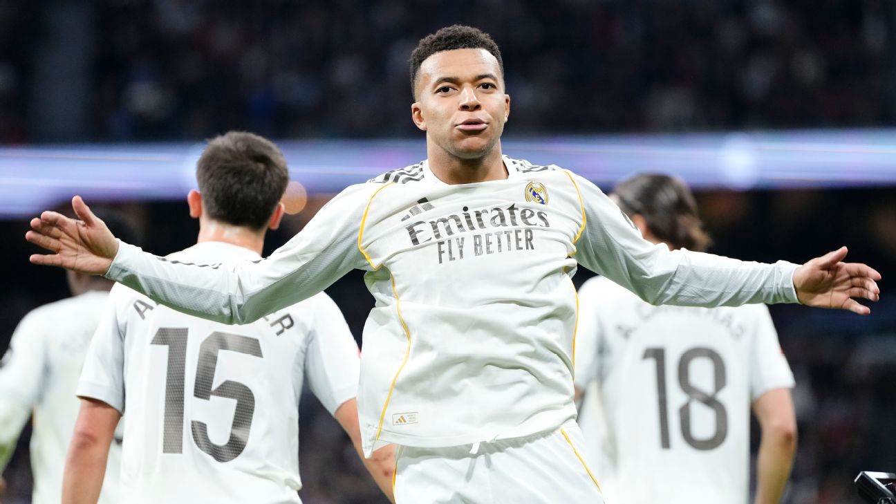 Selebrasi Kylian Mbappe dalam kemenangan real Madrid atas Levante