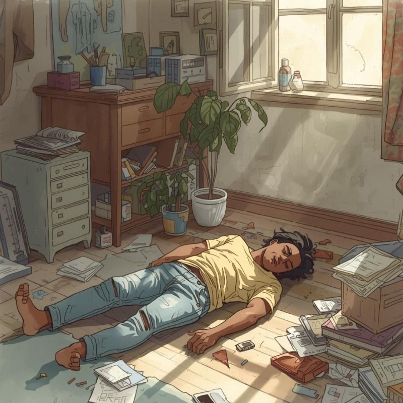 Ilustrasi orang yang sedang tiduran di atas lantai kamarnya.