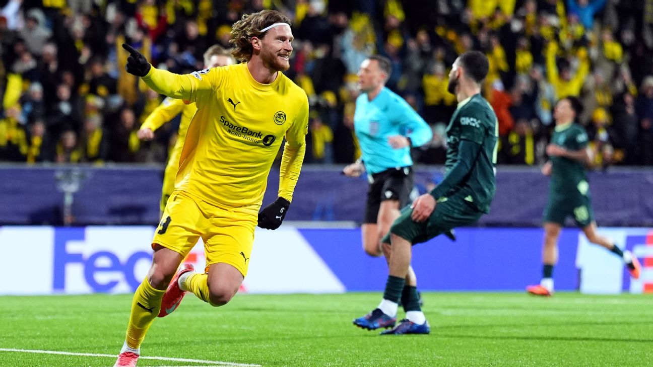 Selebrasi Kasper Hogh setelah mencetak dua gol dalam kemenangan bersejarah Bodo/Glimt atas Manchester City