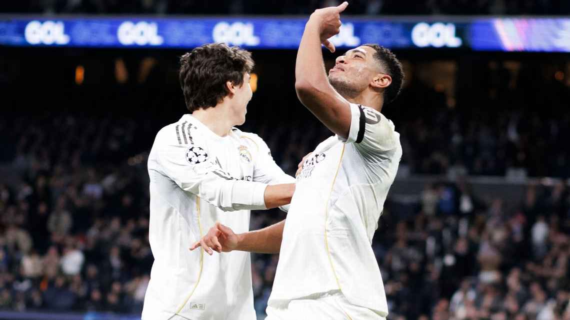 Selebrasi Jude Bellingham setelah mencetak gol keenam dalam kemenangan 6-1 Real Madrid atas AS Monaco di Liga Champions