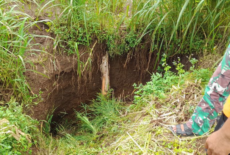 TAMPAK DANGKAL PADAHAL DALAM: Dampak diguyur hujan intensitas tinggi, lahan pertanian warga di Gunungkidul merekah, kemudian amblas membentuk sinkhole dengan kedalaman kurang lebih 5 meter.