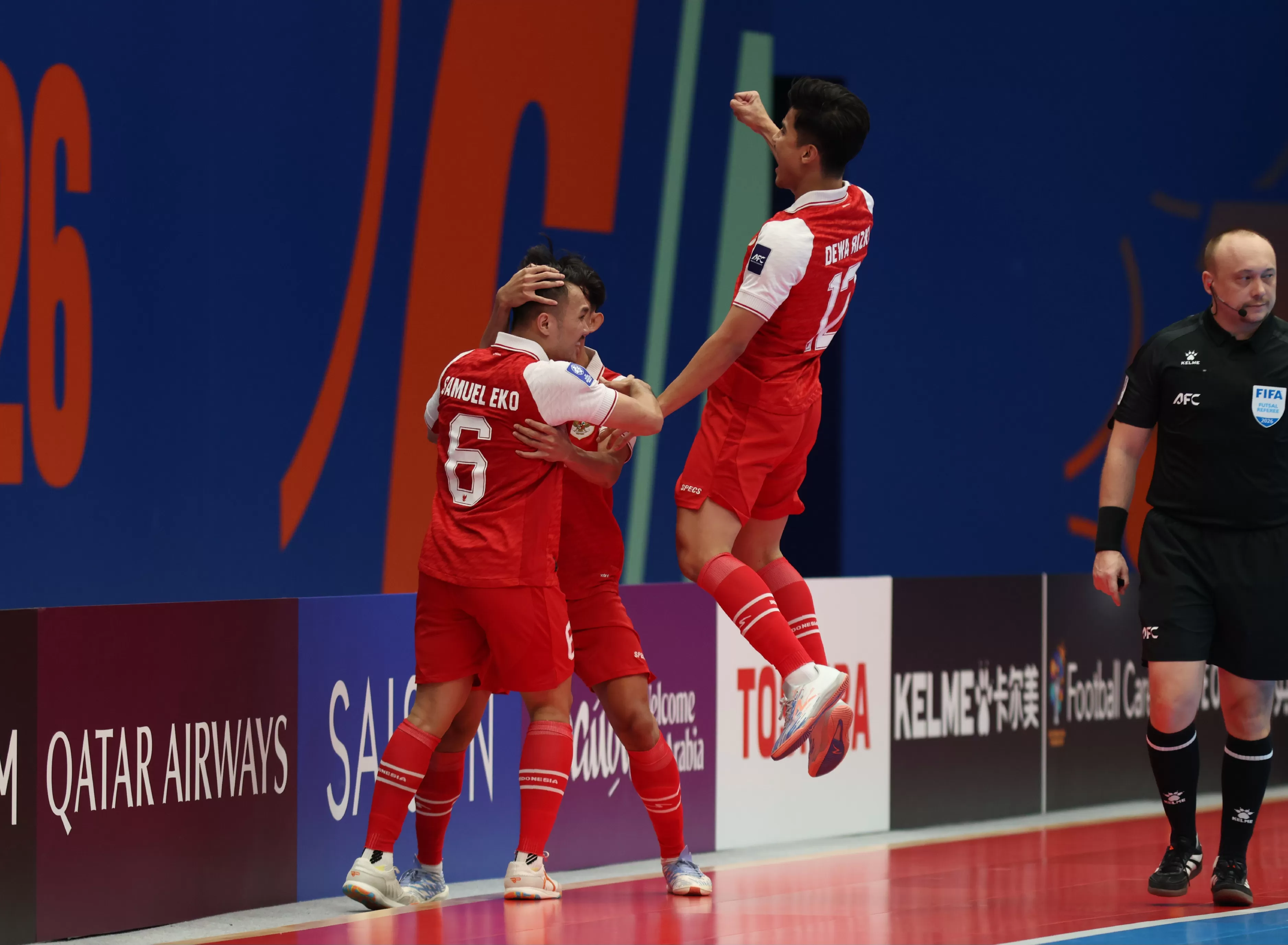 Selebrasi kemenangan para pemain Timnas Futsal Indonesia setelah memastikan tiket ke partai final AFC Futsal Asian Cup 2026 dengan mengalahkan Jepang