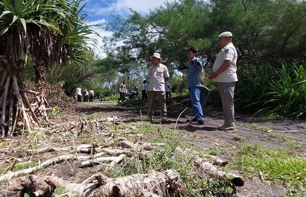 TAK DITINDAK: Tim Gabungan saat melakukan pemantauan bekas kerusakan greenbelt Pantai Glagah-Congot.