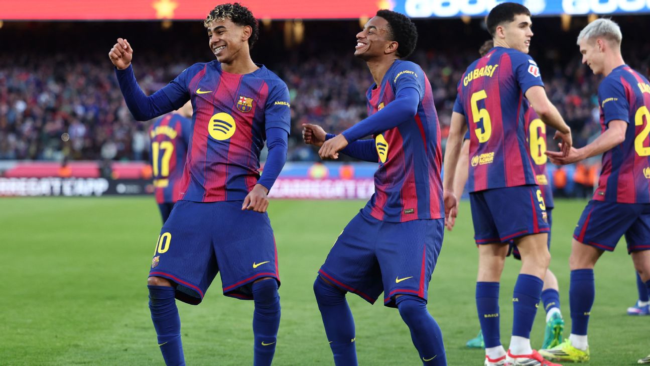 Selebrasi pemain Barcelona rayakan gol Lamine Yamal dalam kemenangan atas Mallorca di La Liga