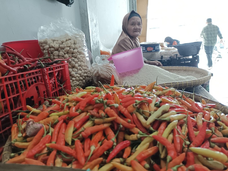 MENANTI PEMBELI : Pedagang Pasar Tumenggungan menjajakan berbagai kebutuhan bumbu dapur. (M Hafied/Radar Jogja)