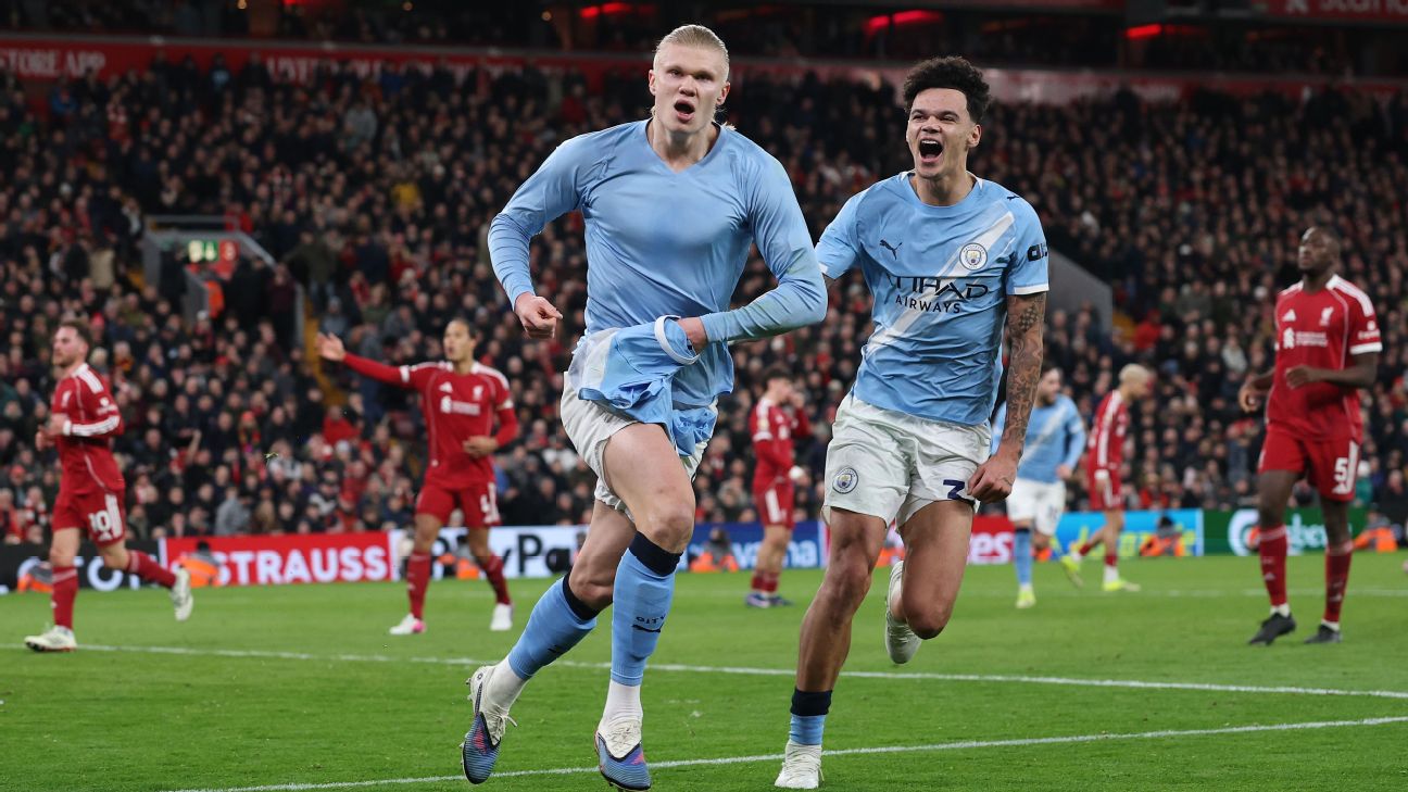 Sekebrasi Erling Haaland setelah mencetak gol kemenangan Manchester City atas Liverpool