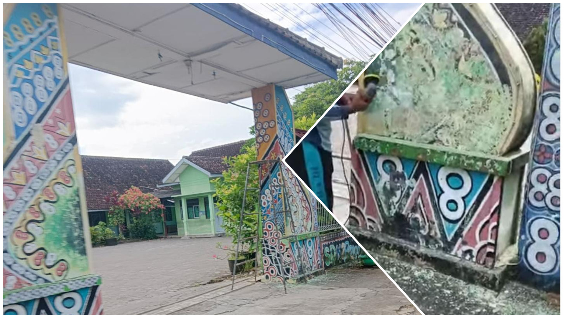 foto sebelum dan sesudah pagar dan gapura SDN 2 Pengasih, Kulon Progo, masih terpampang motif geblek renteng.
