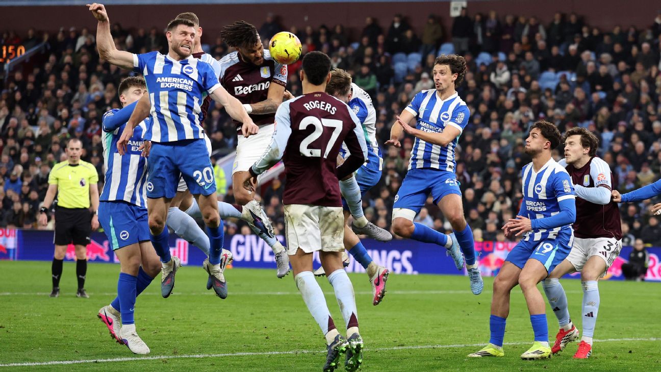Proses terjadinya gol bunuh diri dari pemain Brighton, Jack Hinshelwood dalam kemenangan Aston Villa di Villa Park