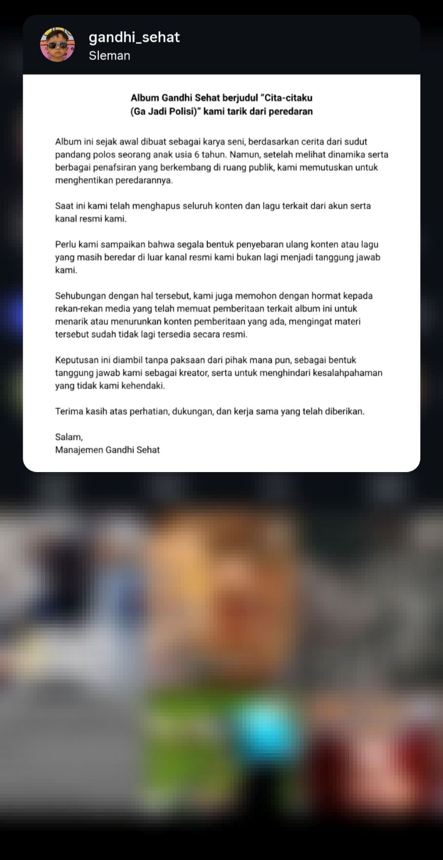 Foto akun Instagram Gandhi Sehat dan foto press release yang mereka keluarkan soal penarikan lagu dari peredaran.