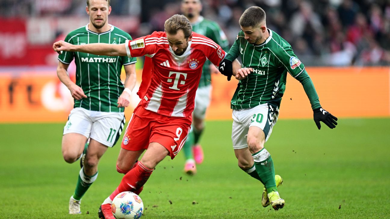 Harry Kane mencetak gol ke-500nya setelah mencetak dua gol dalam kemenangan Bayern Munich atas Werder Bremen di Bundesliga