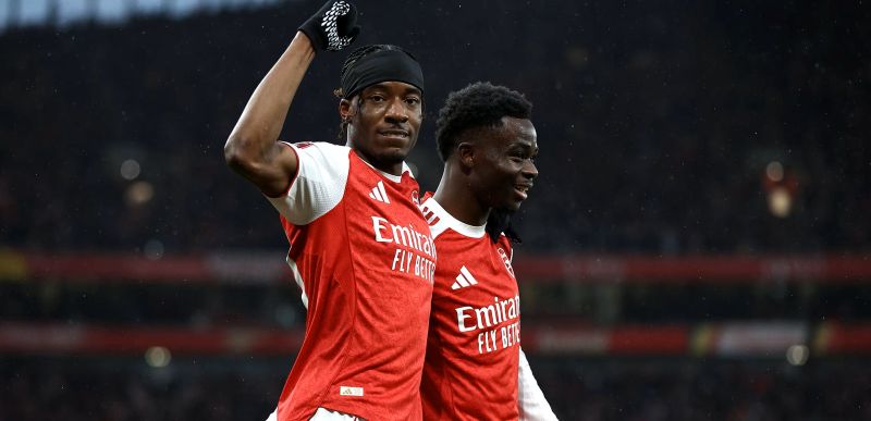 Selebrasi Noni Madueke setelah mencetak gol dalam kemenangan Arsenal atas Wigan Athletic di FA Cup