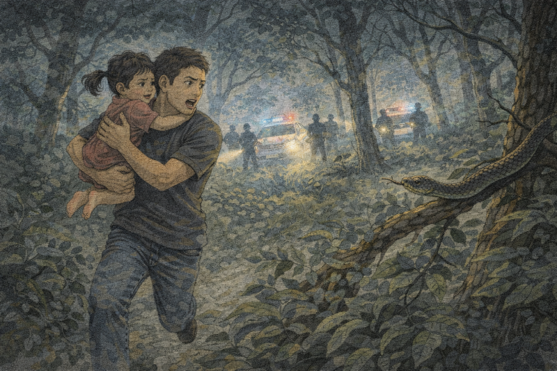 Ilustrasi seorang ayah membawa kabur anaknya ke hutan.