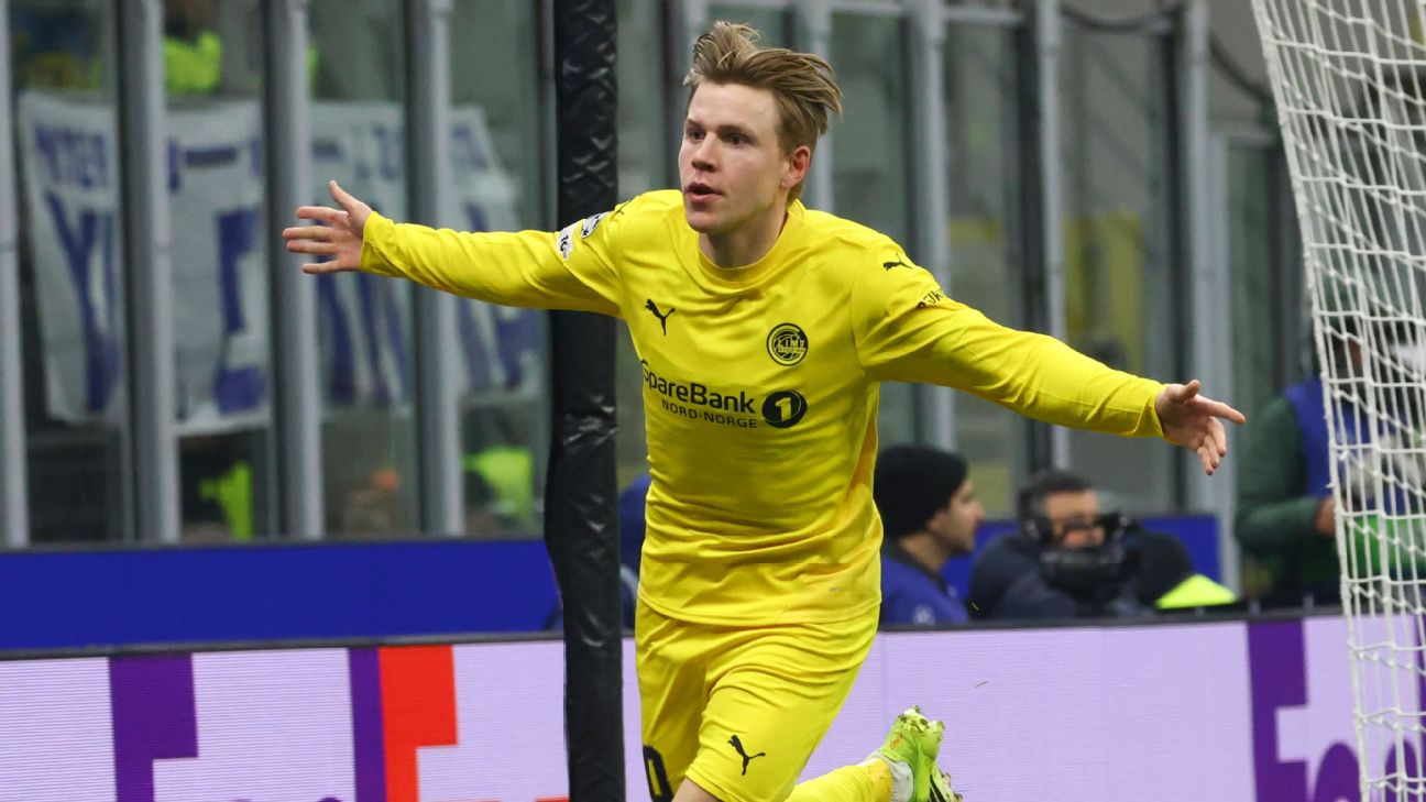Selebrasi Jens Petter Hauge setelah mencetak gol dalam kemenangan Bodo/Glimt atas Inter Milan di leg kedua babak playoff Liga Champions