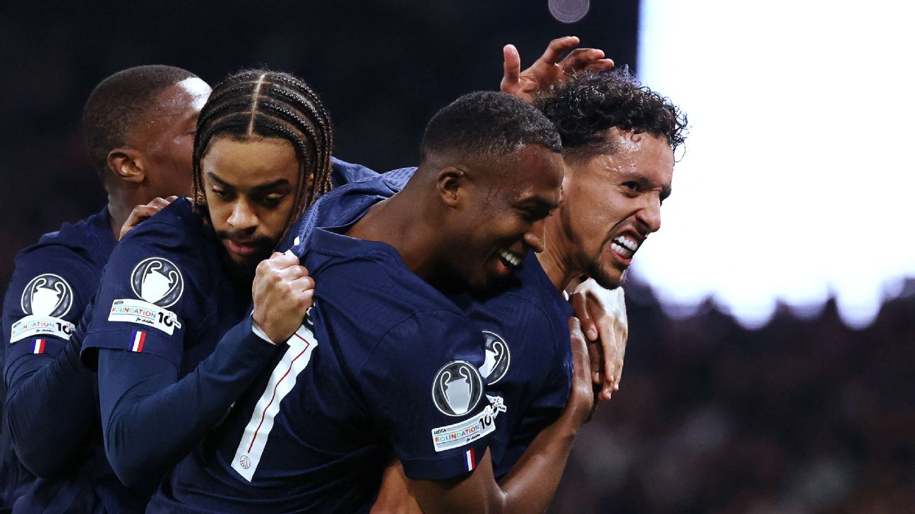 Selebrasi pemain PSG rayakan gol Marquinhos ke gawang Monaco di Liga Champions