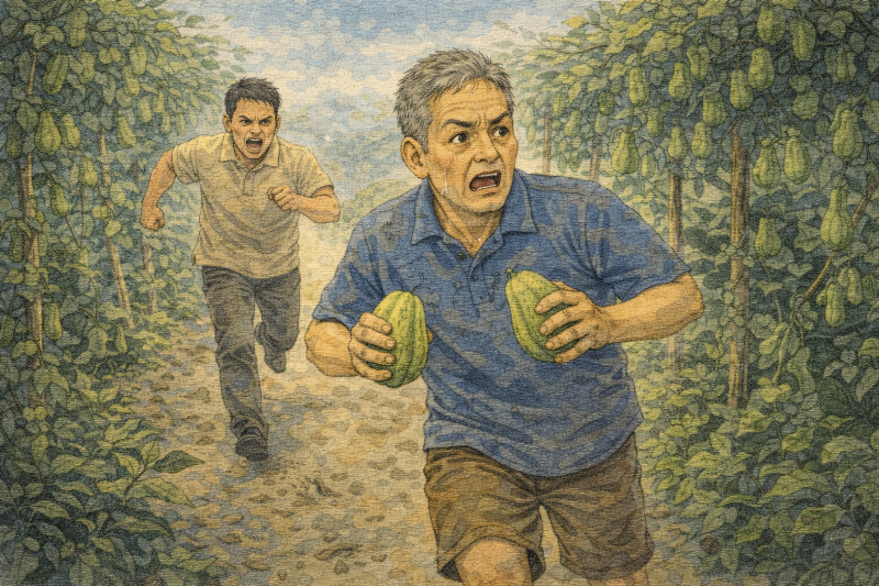 Ilustrasi seorang pria ketahuan mencuri dua buah labu siam, sang pemilik kebun murka dan mengejarnya.