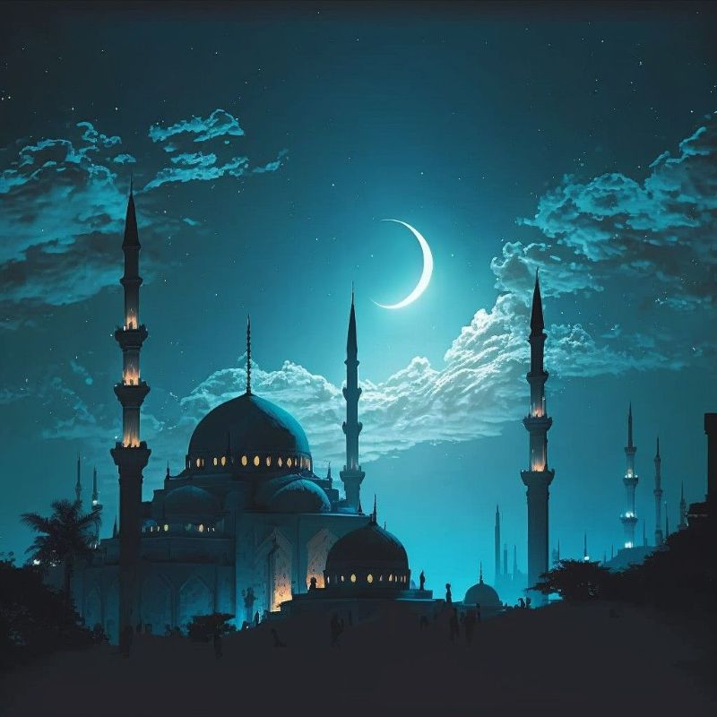 Ilustrasi pemandangan masjid saat Ramadan.