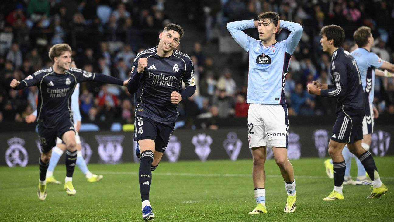 Selebrasi Federico Valverde setelah mencetak gol kemenangan Real Madrid atas Celta Vigo